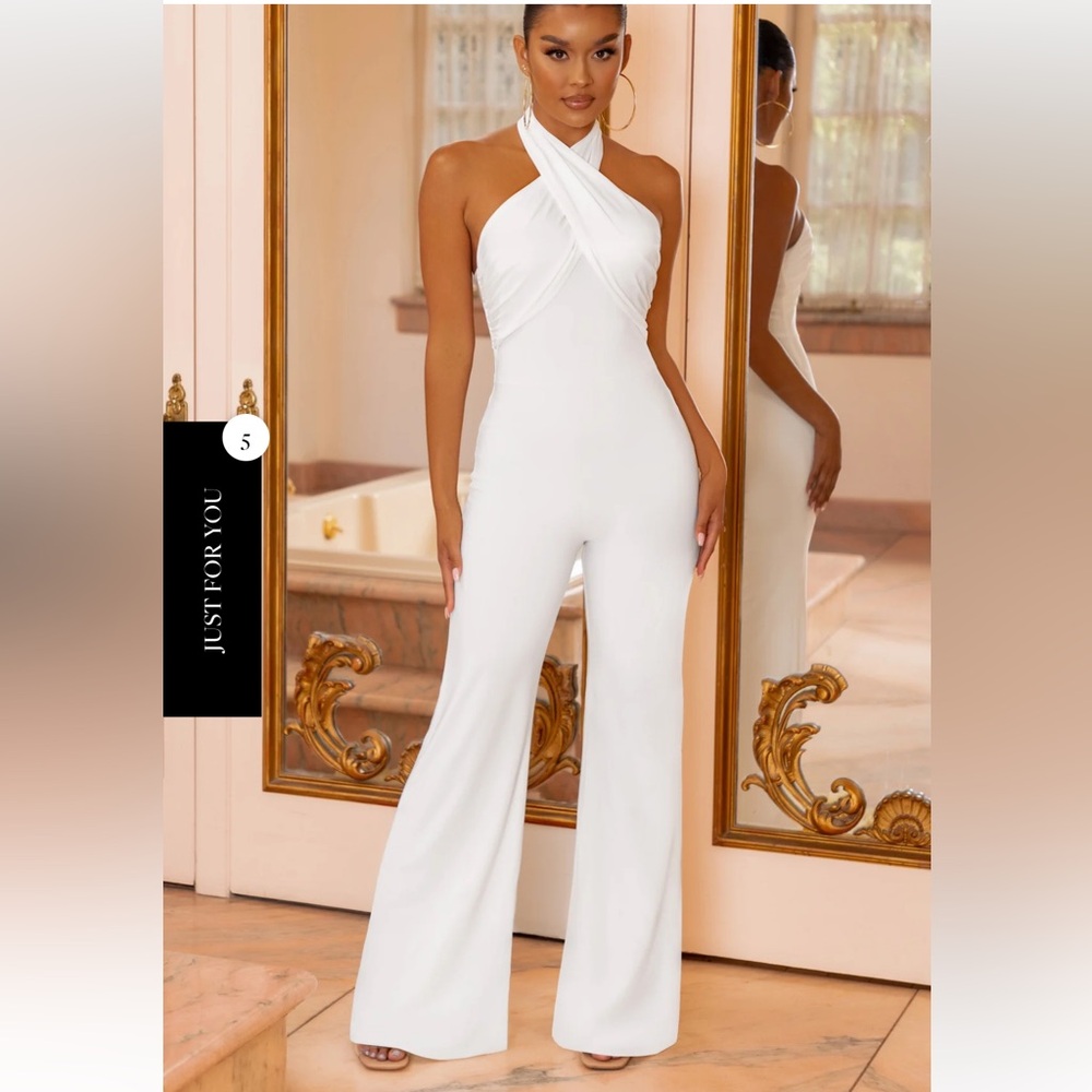 Club London Goddess White Halter Neck Flare Jumpsuit
